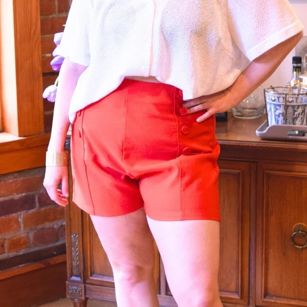 Red Retro Button Front Shorts - Picture 1 of 5